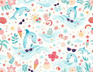 Fototapeta premium Whimsical Summer Dolphins with Sunglasses and Beach-Themed Illustrations