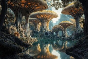 Fototapeta premium Surreal escapism in a dreamlike forest with glowing trees and calm waters