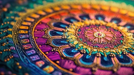 A detailed mandala design displays vibrant colors and intricate patterns, crafted with meticulous care. The artwork emphasizes symmetry and artistic flair, captivating viewers.