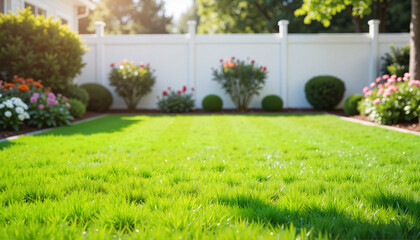 Obraz premium Manicured Lawn in Suburban Backyard Framed by Flowers and White Picket Fence