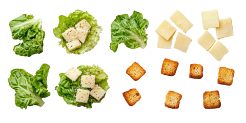 Fresh lettuce leaves paired with cheese cubes and croutons, arranged neatly for a vibrant salad presentation.