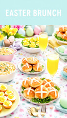 A vibrant Easter brunch spread featuring dishes like deviled eggs, hot cross buns, and refreshing mimosas, beautifully arranged on a pastel-themed tablecloth