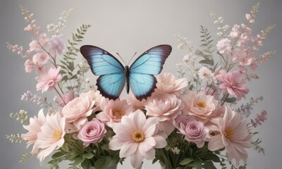 Fototapeta premium Symmetrical butterfly and flower arrangement, delicate details and pastel hues , petal, subtle