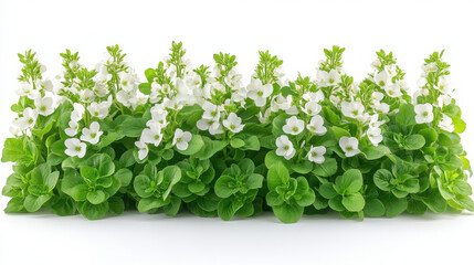 Lush green foliage with white flowers creates vibrant display, perfect for enhancing any garden or indoor space. This arrangement brings fresh and lively atmosphere