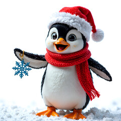 Fototapeta premium Adorable penguin in christmas hat and scarf holding snowflake ornament in winter wonderland, 3d rendering of character design concept.