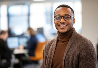 Confident young man with glasses smiling in a modern office setting, showcasing a warm and approachable demeanor while working with colleagues in a collaborative environment