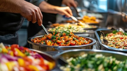 Cooking and serving fresh vegetable dishes at a bustling restaurant during lunch hours