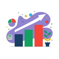 Obraz premium Vector Illustration of Bar Graph with Ascending Bars, Upward Arrow, and Abstract Decorative Elements, Isolated on White Background
