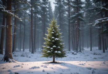 Fototapeta premium Snow falling gently on a solitary Christmas tree in the forest, serene, peaceful, winter, holiday