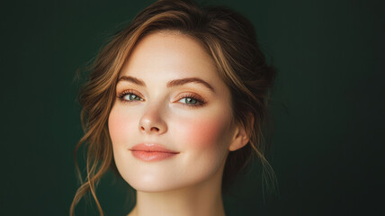 Fototapeta premium Radiant woman with soft features and warm smile against green background, showcasing natural beauty and elegance. Her glowing skin and expressive eyes create captivating portrait