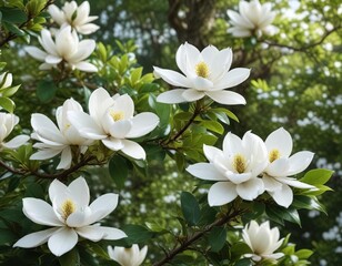 Snow-white magnolia blossoms against a lush green foliage, tree, magnolia, blossoms, nature, green