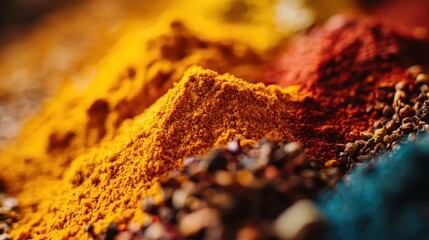 Colorful spices arranged in mounds on a wooden surface highlighting their textures and hues