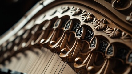 Close-up view of an ancient string instrument with intricate craftsmanship and visible strings during a musical performance