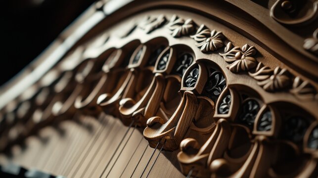 Close-up view of an ancient string instrument with intricate craftsmanship and visible strings during a musical performance