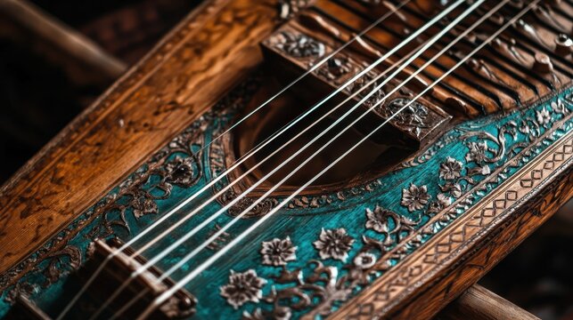 Close-up view of an ancient string instrument with intricate craftsmanship and visible strings during a musical performance