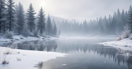 Obraz premium Softly falling snowflakes gently landing on a frosty lake, creating a serene winter landscape on a white watercolor paper , frosty lake, watercolor painting,
