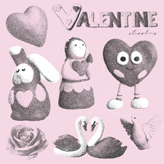 Vintage set of Valentines Day elements set with retro grunge vibe and halftone stippling effect. Perfect for social media, gift cards, tee prints. love-themed 3d romantic comic characters. Vector