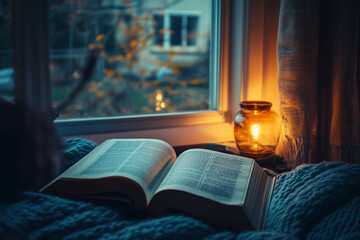 Fototapeta premium An open book in a warm, cozy environment. Good for any project. 