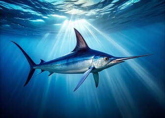 Fototapeta premium Minimalist Swordfish Photography: Ocean Predator, Marine Life, Underwater Wildlife, Swordfish Silhouette