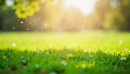 Fototapeta premium Close-up of Dew-covered Green Lawn Grass in Morning Sunlight