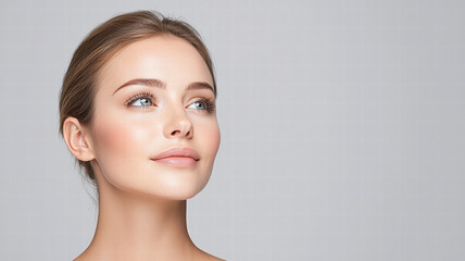 Fototapeta premium woman with flawless skin looking serene and confident, gazing upwards with soft expression. Her natural beauty is highlighted against light background