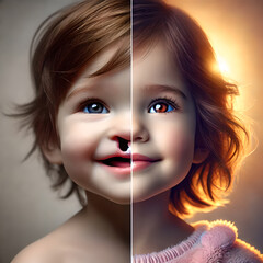 Comparison image showing a child before and after cleft lip and palate surgery. improvement in facial structure and overall appearance, highlighting the success of the corrective procedure.