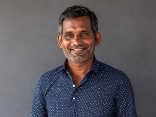 Obraz premium Friendly South Asian man smiling in a casual blue polka dot shirt against a neutral gray background, exuding warmth and approachable demeanor for lifestyle imagery.