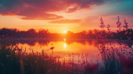 Naklejka premium Stunning sunset over tranquil lake surrounded by vibrant flowers and lush greenery in serene landscape