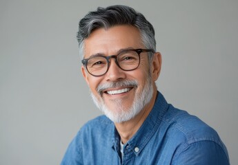 Happy Mature Man with Glasses Smiling Against Neutral Background, Casual Attire, Gray Hair and Beard, Emphasizing Joy and Confidence in Life's Later Years