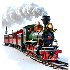 Naklejka premium Charming vintage train decorated for the holidays with a whimsical touch of christmas cheer, 3d rendering of holiday scene concept.