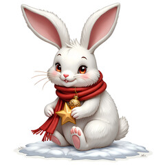 Adorable white bunny with a scarf and christmas ornament sitting on snow, digital art of character design concept.