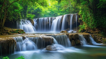 Obraz premium Tranquil waterfall cascading through lush greenery in a serene forest setting at midday