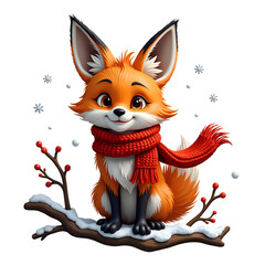 Fototapeta premium Charming winter fox with a red scarf sitting on a snowy branch amidst falling snowflakes, digital art of character design concept.