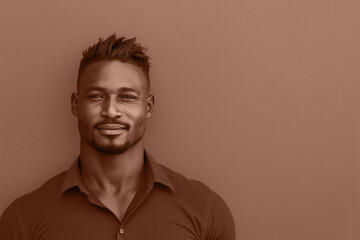 Man confidently stares into the camera studio shot in mocha mousse brown colors. Modern trendy tone hue shade