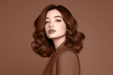 Naklejka premium Caucasian young woman with mocha mousse brown hair in a blazer poses on chocolate background. Modern trendy tone hue shade
