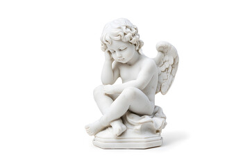 Obraz premium White marble statue of sitting cherub, isolated on white background