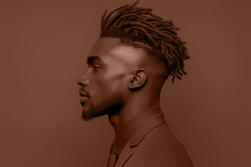 Obraz premium A stylish profile portrait of African fashion model man on mocha mousse brown background. Modern trendy tone hue shade