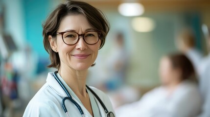 Close-up portrait of a smiling, middle-aged female doctor wearing glasses and a white coat in a hospital or clinic.