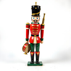 Colorful wooden toy soldier with drum in festive holiday colors for cheerful home decor, photography of still life concept.
