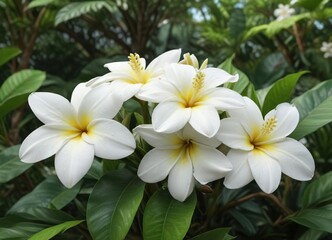 Fototapeta premium Tranquil scene of white frangipani bloom surrounded by green foliage, fresh plant, beauty in nature, balance, botany