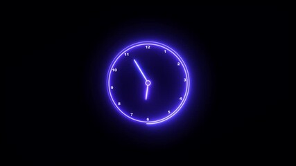 Glowing neon Clock icon animation with moving arrows and 24 hours day fast speed on black background. analog clock network animation. Wall clock video footage 12 hour