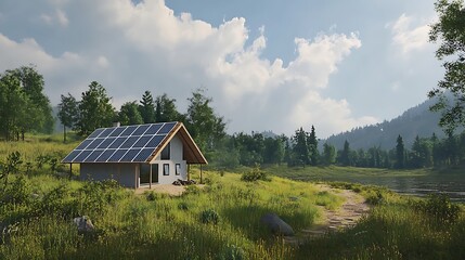 Obraz premium Eco-Friendly Cabin Retreat: Sustainable Living in Serene Nature