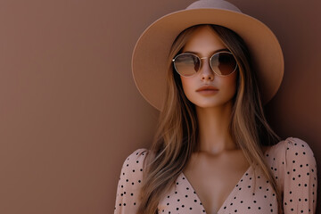 chic woman wearing a mocha polka dot dress and wide brimmed hat in soft mousse tones