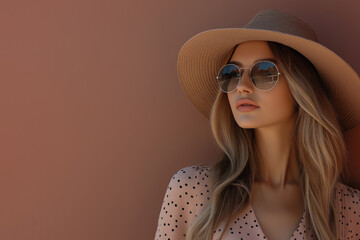 chic woman wearing a mocha polka dot dress and wide brimmed hat in soft mousse tones