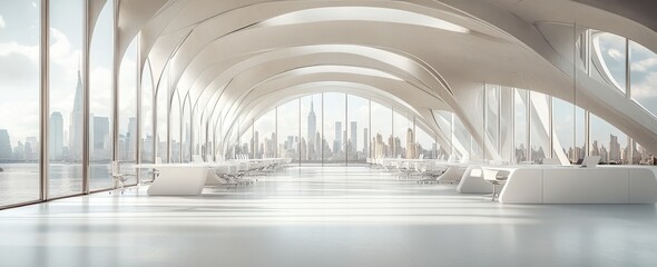 Obraz premium Modern Architectural Space with Sleek Design and Panoramic City View Featuring Bright Sunlight and Minimalist Furniture in Open Area