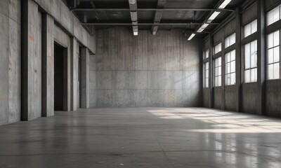 Obraz premium Urban Hall Interior with Empty Gray Wall and Exposed Steel, cold tones, modern space, metallic finish