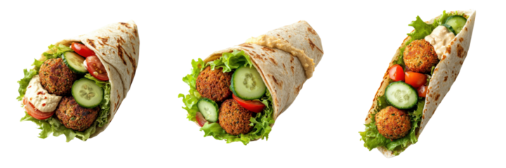 A Set of Plant-Based Falafel Wrap with Fresh Veggies and Hummus Isolated on Transparent Background