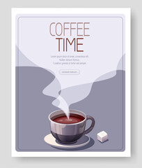 Vector template for a flyer. A cup of hot coffee with a piece of sugar.