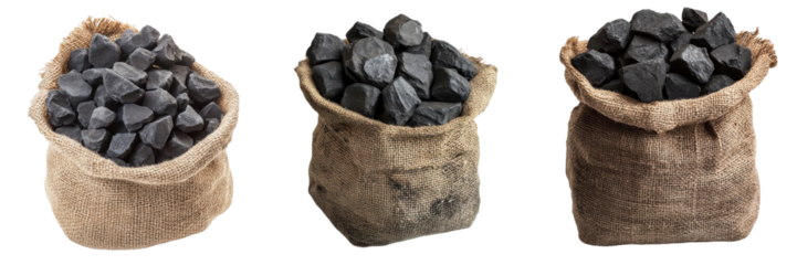 A Set of Rustic Burlap Sack Filled with Charcoal Pieces Isolated on Transparent Background