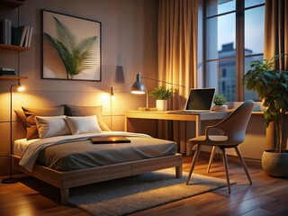 Modern Bedroom Night Photography: Desk Setup, Ambient Lighting, Minimalist Workspace, Nighttime Productivity